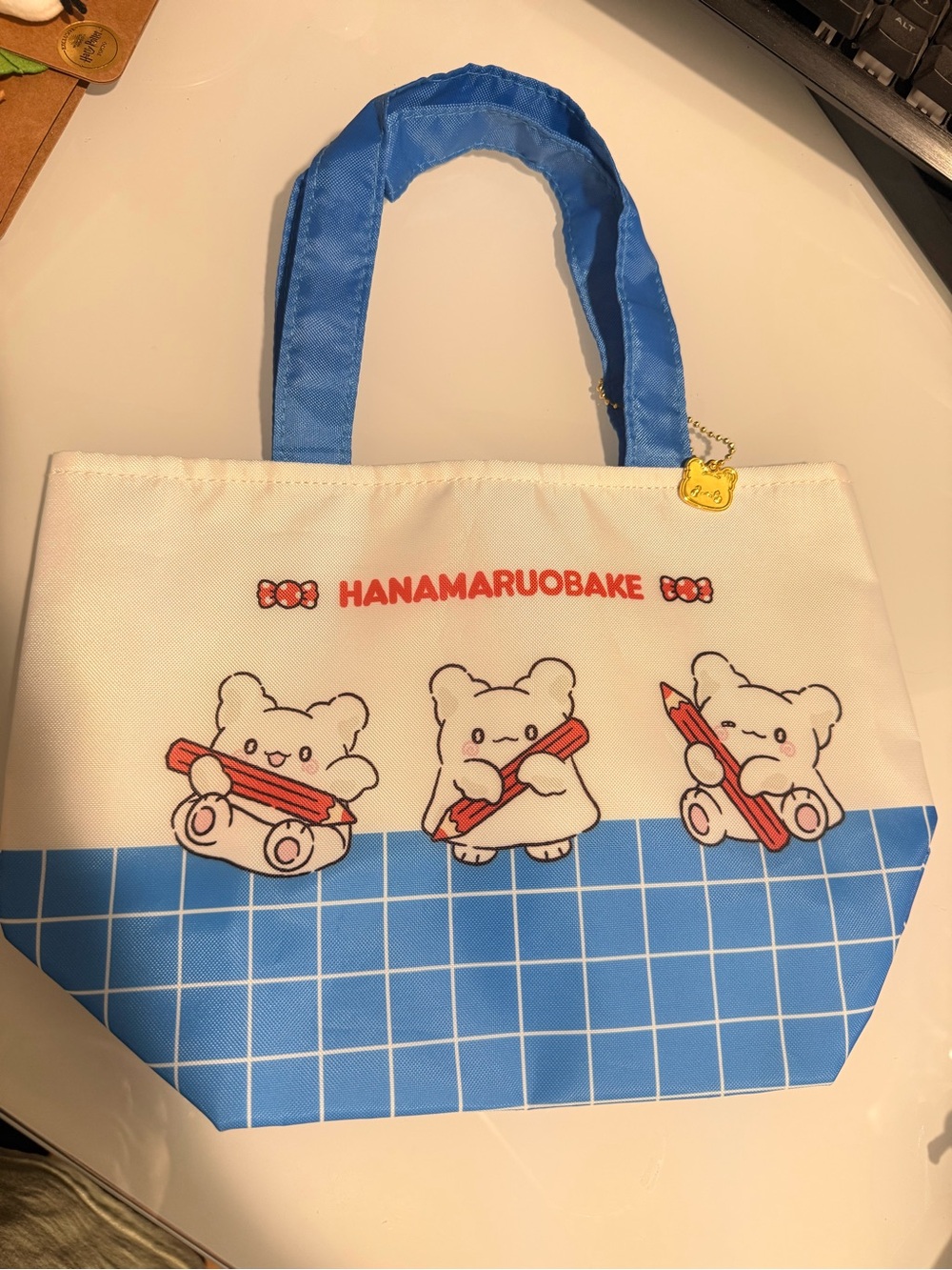 Hanamaruobake I Love Sweets Small Tote Bag Blue Grid Character Charm Sanrio